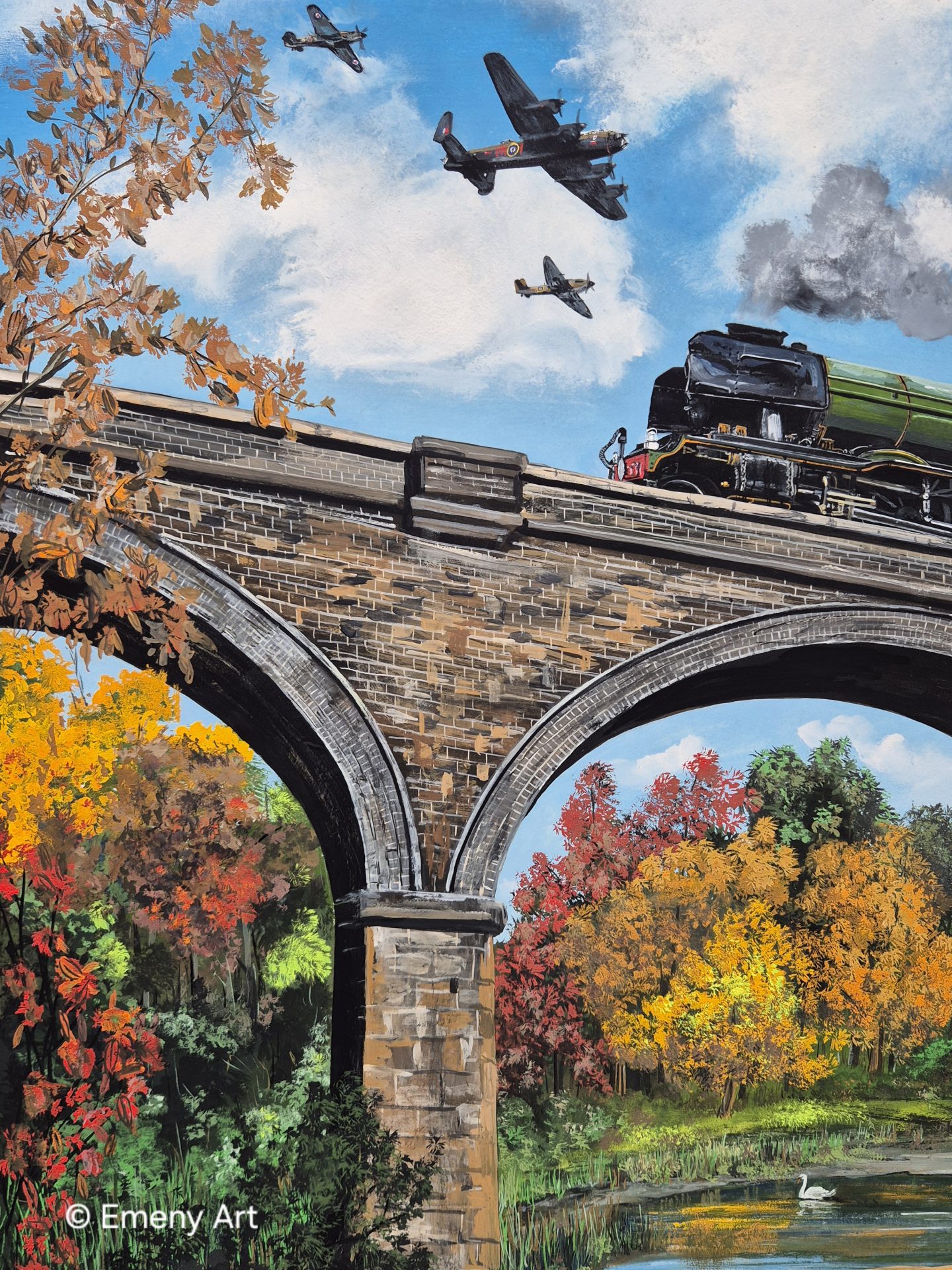 Battle of Britain Memorial Flight Avro Lancaster, Hawker Hurricane and Supermarine Spitfire fly over Flying Scotsman. Fine art print