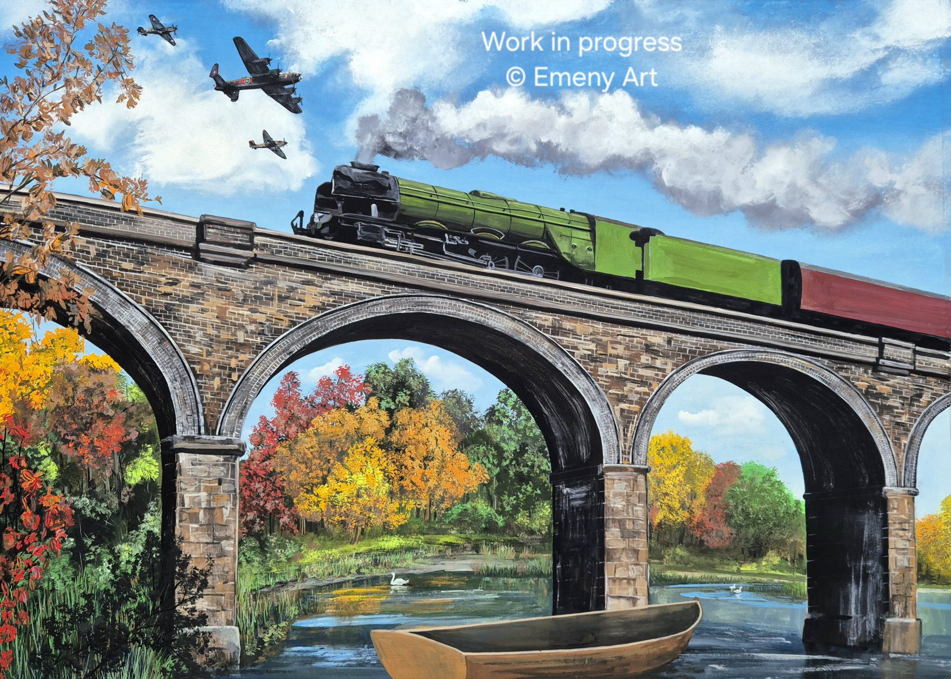 The painting gradually comes to life as artist Matthew Emeny continues to add fine detail to Flying Scotsman