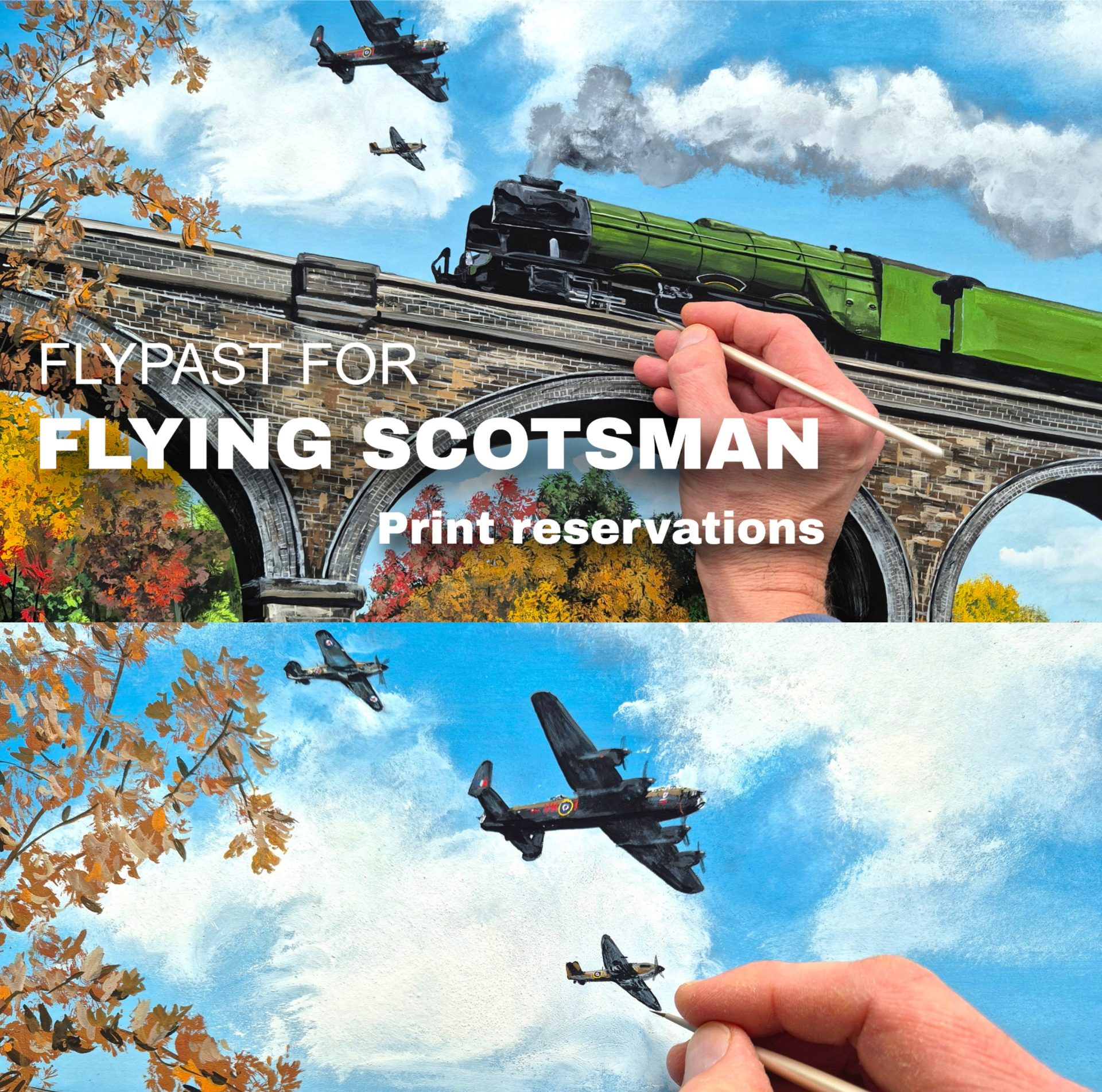 Watch this wonderful A3 locomotive come to life in this superbly detailed painting depicting Flying Scotsman and Battle of Britain Memorial Flight aircraft