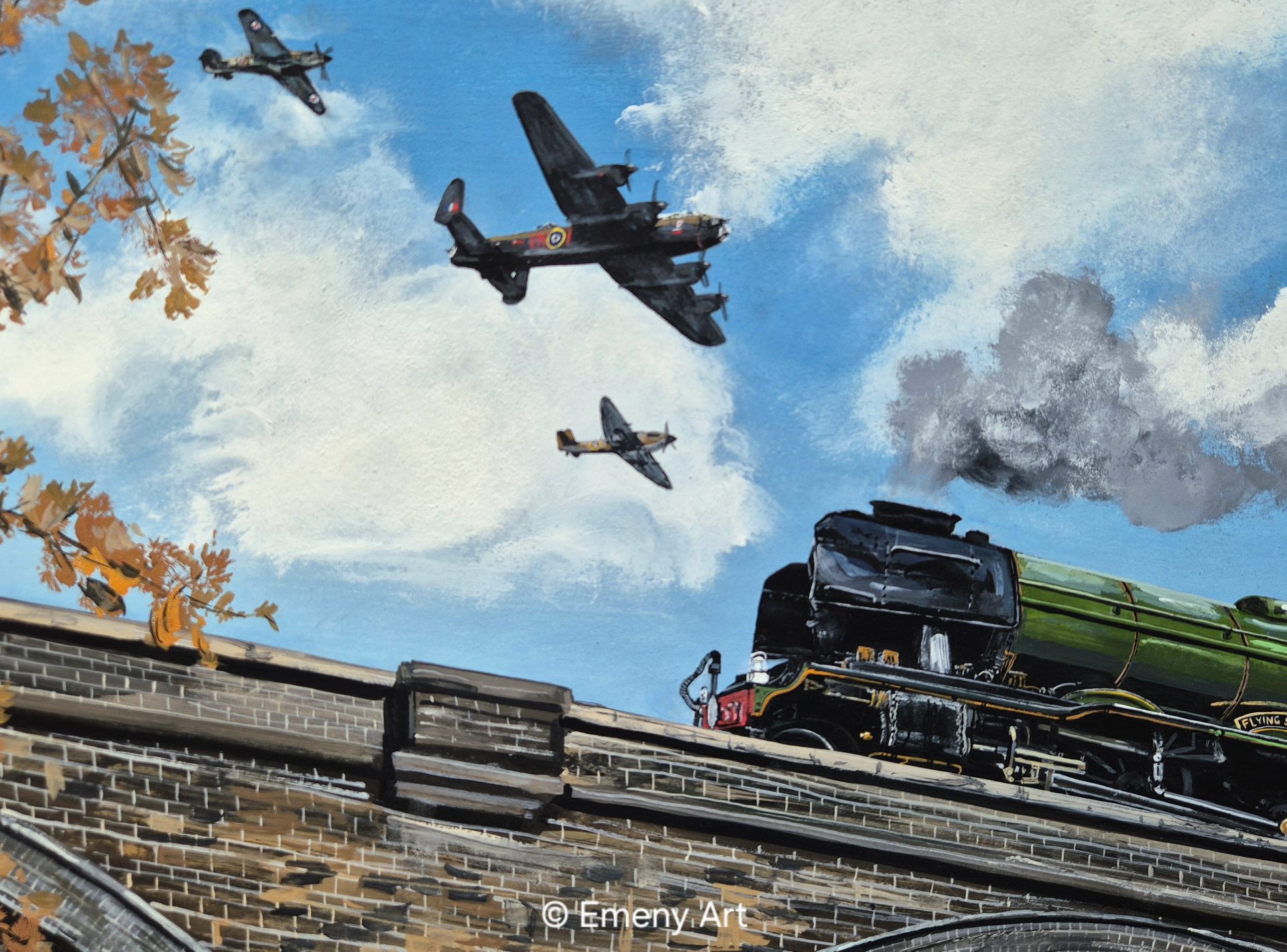 Flypast over Flying Scotsman. Avro Lancaster, Hawker Hurricane and Supermarine Spitfire. Fine art print